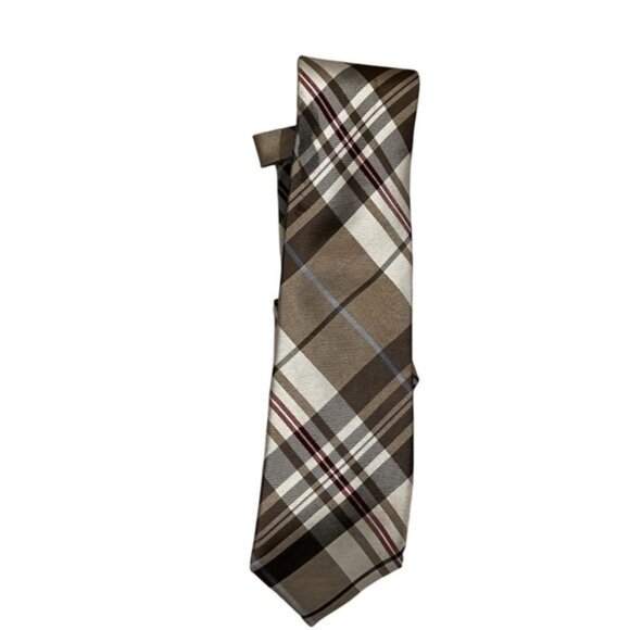 Ben Sherman Plaid Necktie in Brown and Cream - Picture 1 of 5